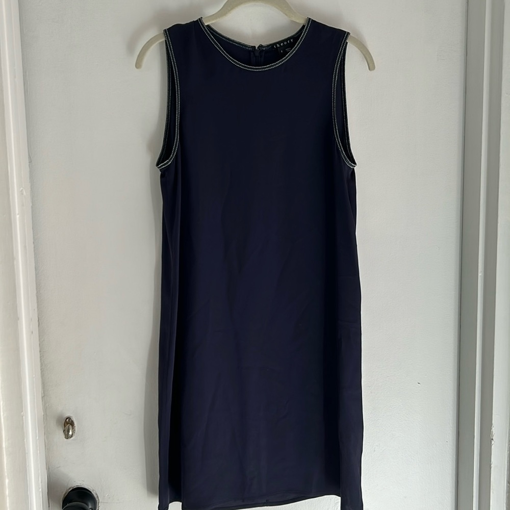 Theory Navy & White Stitching Silk Shift Sheath Tank Dress